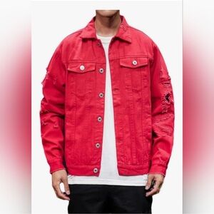 VINTAGE Distressed Deep Red Denim Jacket